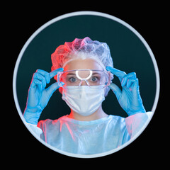 Medical protection. Quarantine hygiene. Healthcare professional. Headshot portrait of female doctor in blue ppe gloves face mask cap wearing goggles in round frame avatar isolated on black.