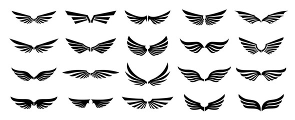 Set of black wings logos or icons. Wings silhouette for use in logo and emblem design. Vector wings badges collection. © Onabi