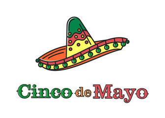 Cinco de Mayo lettering logo design. National holiday of Mexico with traditional mexican symbols sombrero hat. Fifth of May. Vector illustration