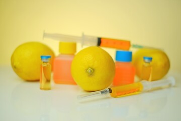 Vitamin C . solution for injection. Health and Beauty.Organic cosmetics concept.Syringes, solution...