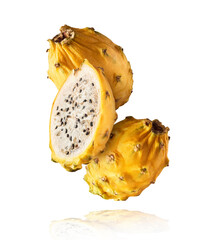 creative image with fresh yellow pitaya falling in the air, zero gravity food conception
