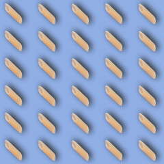 Pasta flat lay pattern on blue backdrop. Minimal flatlay composition.