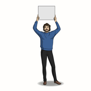 A young man with a beard and mustage, in black jeans and a blue sweater, holds a blank banner. The concept of a protest activist, a rally and advertisement in his hands. Vector illustration, EPS 10.