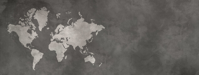 World map on black concrete wall background. Horizontal banner