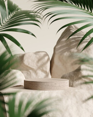 Product display podium with blurred tropical palm leaves on brown background. 3D rendering