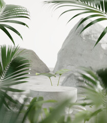 White stone podium, Cosmetic display product stand with water reflection and nature leaves background. 3D rendering	