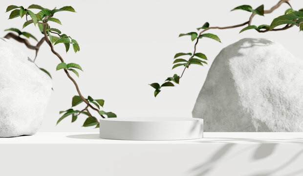 Stone Product Display Podium With Nature Leaves On White Background. 3D Rendering	