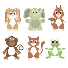 Animal set funny, rabbit, elephant, monkey, cat, frog, squirrel. Vector illustration.