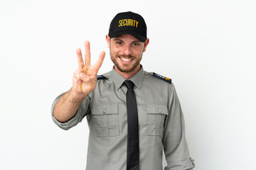 Young security Brazilian man isolated on white background happy and counting three with fingers