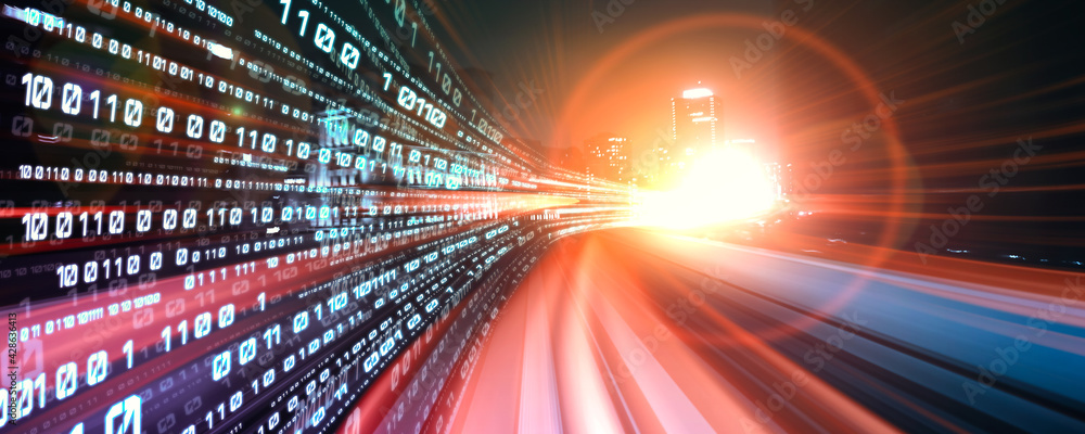 Poster digital data flow on road with motion blur to create vision of fast speed transfer . concept of futu