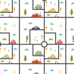Pattern with a road map and cars. Nursery digital paper, vector hand drawn illustration