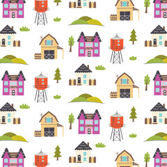 Pattern with houses, farm, trees. Nursery digital paper, vector hand drawn illustration