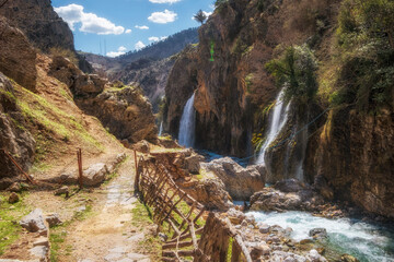 Unique Kapuzbasi Waterfalls in Aladaglar National Park, Tuaruz Mountains of Turkey with a path