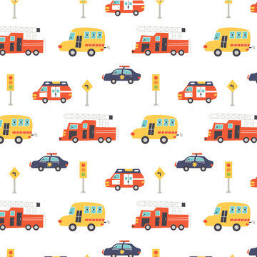 Pattern with fire truck, ambulance, police and road signs. Nursery digital paper, vector hand drawn illustration