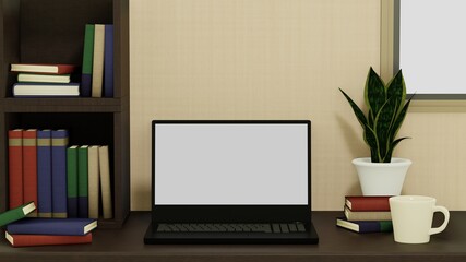 本棚とノートパソコンとコーヒーカップと観葉植物の背景　3DCG　部屋　書斎