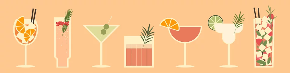 Foto op Plexiglas Set of cocktails. An illustration of classical drinks in different types of glasses. Vector illustration of summer cocktails. Banner with soft and alcohol drinks. © Alina
