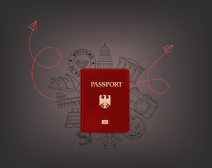 World travel concept with passport and doodling elements