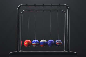 Newton's cradle. Balls with the state symbols: China, USA, Russia, European Union, United Kingdom