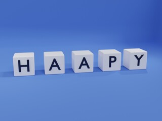 Geometric cube with spelling happy. 3D rendering illustration.