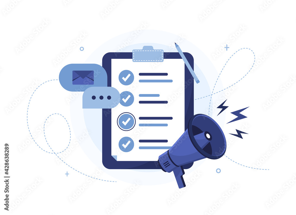 Poster clipboard or to do list with megaphone in flat design on white background