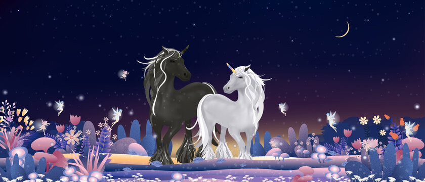 Unicorn family with tiny fairies flying and playing in magic forest at Christmas night,Vector illustration Fantasyy landscape of Cute Winter wonderland.Fairytale background for bed time stories