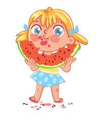 Girl is eating a big slice of watermelon