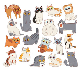 Set of different cat breeds. Funny cartoon character