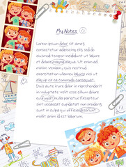 Memory page from a children's diary with attached photos, handwritten notes and freehand drawings
