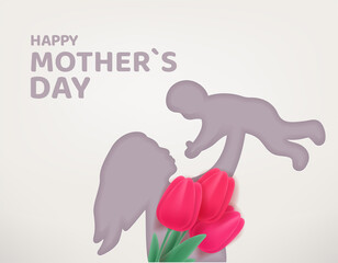 Woman holding a baby. Happy Mothers day vector banner. Cut out effect with woman silhouette