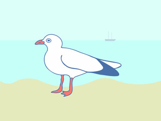 Seagull standing on the sand against the background of water in sunny weather. Close-up vector image of a seabird on an aquatic landscape with a fishing boat on the horizon