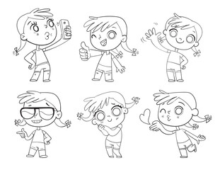 Cute girl with different emotions. Coloring book