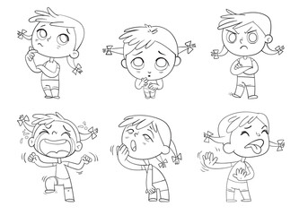 Cute girl with different emotions. Coloring book