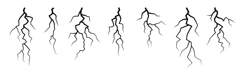 Vector lightning silhouettes set. Elements for thunderstorm design. - obrazy, fototapety, plakaty