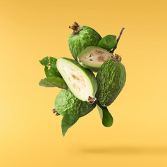 Fresh raw feijoa with green leaves falling in the air