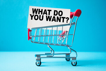 a business card with text WHAT DO YOU WANT in a shopping cart. business and finance
