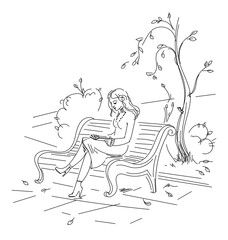 Girl reading a book sitting on the bench in autumn park. Freehand drawing