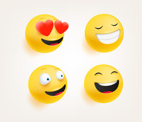 Fototapeta premium Emoticons in cute 3d style vector set isolated on white. Love, laugh, smiling