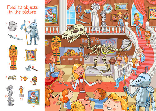 Guide gives children a tour of Natural History Museum. Find 12 objects in the picture