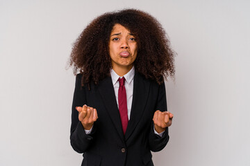 Young African American business woman wearing a suit isolated on white background showing that she has no money.