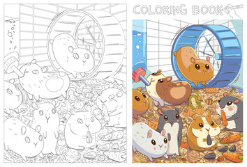 Caged hamsters. Funny cartoon character. Coloring book