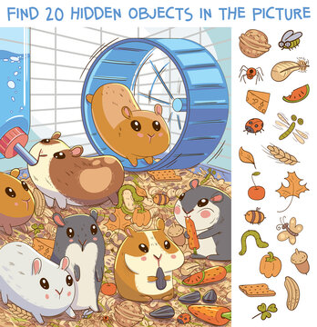 Find 20 hidden objects in the picture. Hamsters in a cage