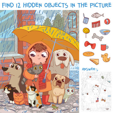 Find Hidden Objects. Under Umbrella. Little Girl Protects Homeless Pets From Rain