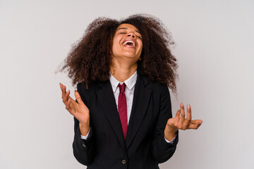 Young African American business woman wearing a suit isolated on white background joyful laughing a lot. Happiness concept.
