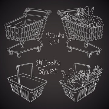 Shopping Basket And Shopping Cart. Empty And Full. Drawing On A Blackboard