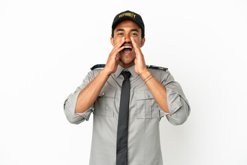 African American safeguard over isolated white background shouting and announcing something