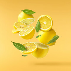 creative image with fresh lemons falling in the air, zero gravity food conception