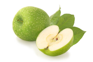 Green apple and half with leaves isolated on white