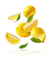 creative image with fresh lemons falling in the air, zero gravity food conception