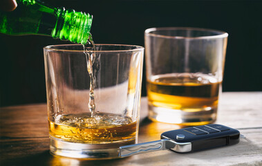 Drinking and driving concept. Car key and alcohol glass on wooden background. 3d illustration.