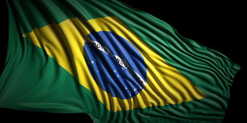 Brazil national flag waving on black background. 3d illustration